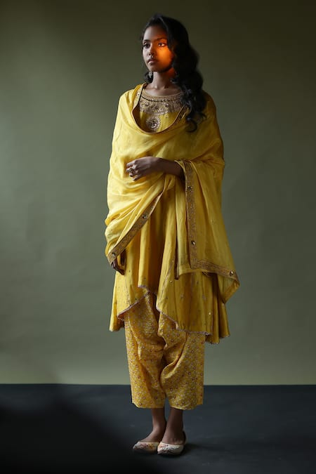 Pooja Singhal Yellow Silk Embroidered Hand Round Kurta Bandhani Dhoti Pant Set 