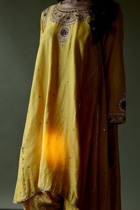 Buy_Pooja Singhal_Yellow Silk Embroidered Hand Round Kurta Bandhani Dhoti Pant Set _Online_at_Aza_Fashions