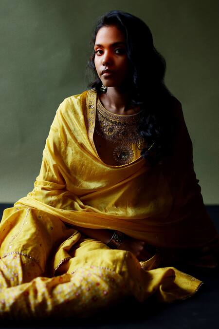 Shop_Pooja Singhal_Yellow Silk Embroidered Hand Round Kurta Bandhani Dhoti Pant Set _Online_at_Aza_Fashions