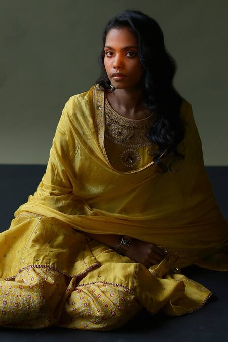 Pooja Singhal_Yellow Silk Embroidered Hand Round Kurta Bandhani Dhoti Pant Set _at_Aza_Fashions