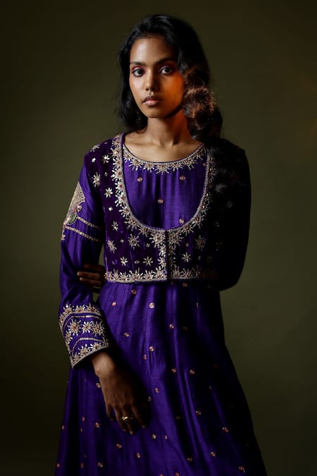 Shop_Pooja Singhal_Purple Silk Embroidered Hand Round Anarkali Pant Set _Online_at_Aza_Fashions