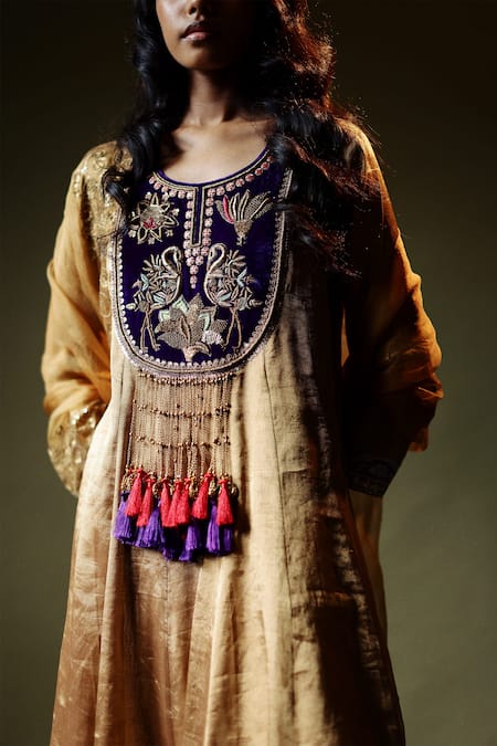 Pooja Singhal_Gold Tissue Embroidered Hand Round Anarkali Printed Pant Set _Online_at_Aza_Fashions