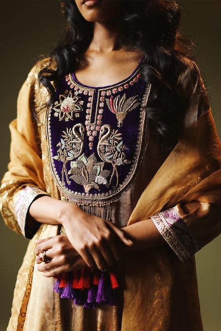 Buy_Pooja Singhal_Gold Tissue Embroidered Hand Round Anarkali Printed Pant Set _Online_at_Aza_Fashions