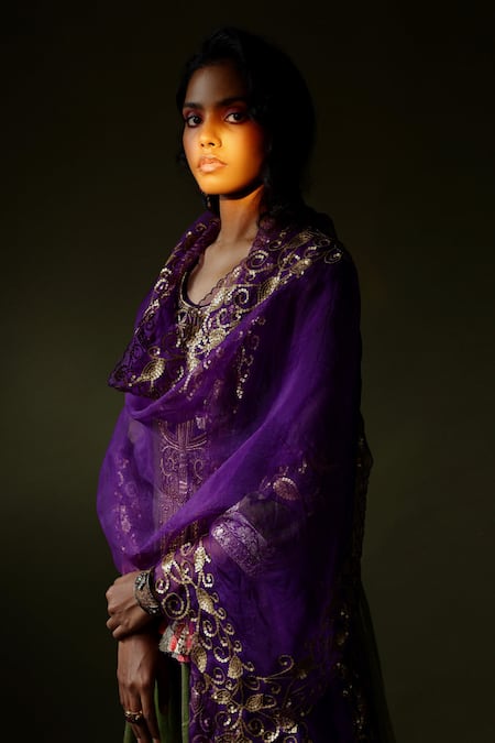 Pooja Singhal_Green Tissue Embroidered Hand Round Woven Anarkali Pant Set _Online_at_Aza_Fashions