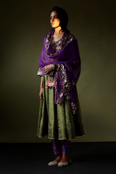 Shop_Pooja Singhal_Green Tissue Embroidered Hand Round Woven Anarkali Pant Set _Online_at_Aza_Fashions