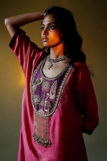 Pooja Singhal_Pink Tissue Embroidered Hand Round Kurta Pant Set _Online_at_Aza_Fashions