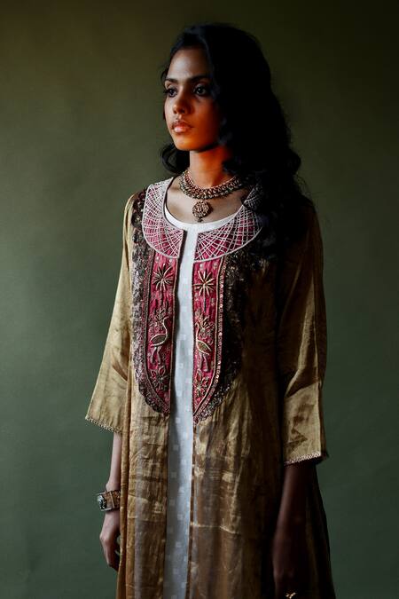 Pooja Singhal_Gold Tissue Embroidered Hand Round Cape Pant Set _Online_at_Aza_Fashions