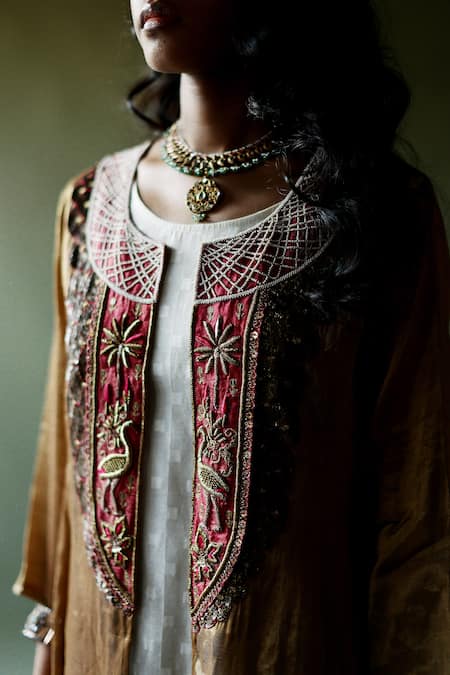 Shop_Pooja Singhal_Gold Tissue Embroidered Hand Round Cape Pant Set _Online_at_Aza_Fashions