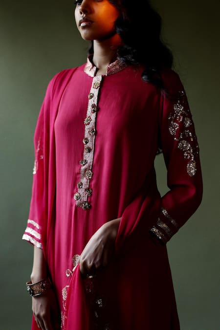 Pooja Singhal_Pink Chiffon Embroidery Sequin Stand Collar Bloom Work Kurta Gharara Set _Online_at_Aza_Fashions