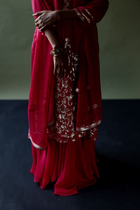 Buy_Pooja Singhal_Pink Chiffon Embroidery Sequin Stand Collar Bloom Work Kurta Gharara Set _Online_at_Aza_Fashions