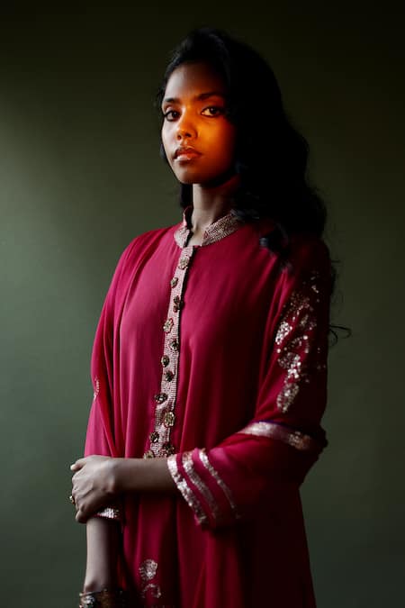 Shop_Pooja Singhal_Pink Chiffon Embroidery Sequin Stand Collar Bloom Work Kurta Gharara Set _Online_at_Aza_Fashions