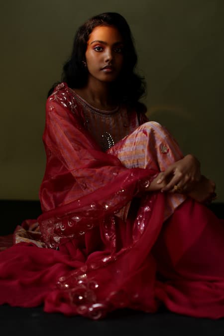 Buy_Pooja Singhal_Pink Tissue Embroidery Sequin Round Blossom Striped Kurta Gharara Set _Online_at_Aza_Fashions