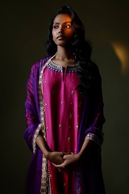 Pooja Singhal_Multi Color Chanderi Embroidery Gota Patti And Pearls Embellished Kurta Set _Online_at_Aza_Fashions