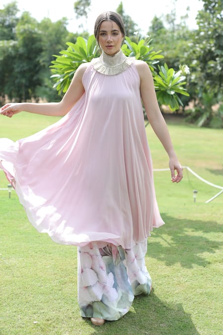 Swatee Singh Pink Georgette Embroidery Halter Neck Kurta And Palazzo Set 