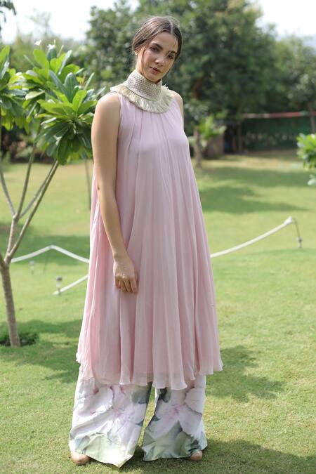 Swatee Singh_Pink Georgette Embroidery Halter Neck Kurta And Palazzo Set _Online_at_Aza_Fashions