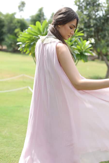 Buy_Swatee Singh_Pink Georgette Embroidery Halter Neck Kurta And Palazzo Set 