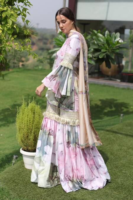 Buy_Swatee Singh_Ivory Georgette Embroidery Round Neck Floral Print Kurta Sharara Set _Online_at_Aza_Fashions