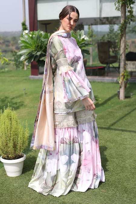 Shop_Swatee Singh_Ivory Georgette Embroidery Round Neck Floral Print Kurta Sharara Set _Online_at_Aza_Fashions