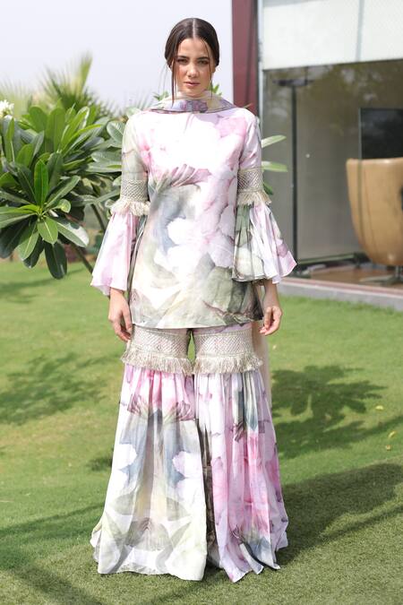 Swatee Singh_Ivory Georgette Embroidery Round Neck Floral Print Kurta Sharara Set _at_Aza_Fashions