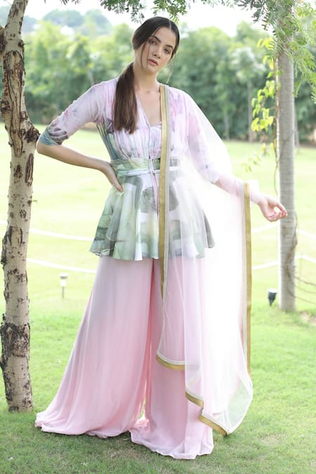 Swatee Singh Pink Georgette V-neck Floral Print Top Sharara Set 