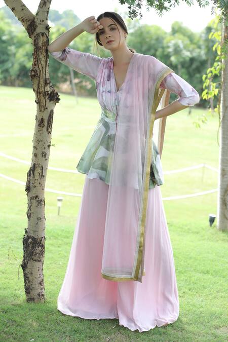 Swatee Singh_Pink Georgette V-neck Floral Print Top Sharara Set _Online_at_Aza_Fashions