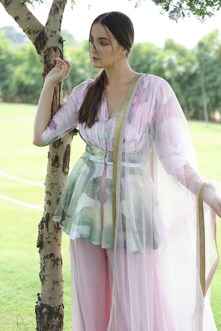 Shop_Swatee Singh_Pink Georgette V-neck Floral Print Top Sharara Set _Online_at_Aza_Fashions
