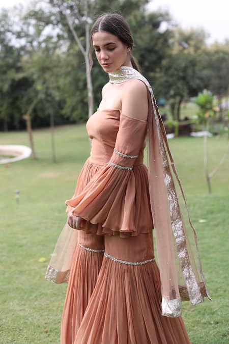 Swatee Singh_Pink Georgette Sequins Off-shoulder Sleeve Embroidered Top Sharara Set _Online_at_Aza_Fashions