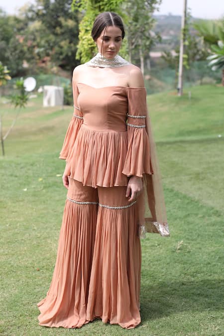 Buy_Swatee Singh_Pink Georgette Sequins Off-shoulder Sleeve Embroidered Top Sharara Set _Online_at_Aza_Fashions