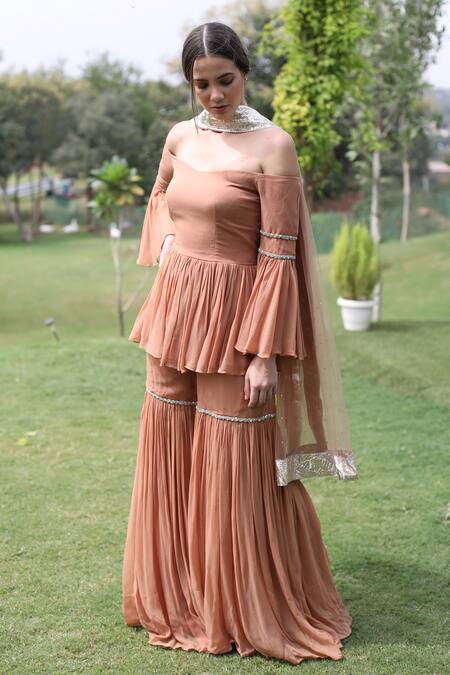 Shop_Swatee Singh_Pink Georgette Sequins Off-shoulder Sleeve Embroidered Top Sharara Set _Online_at_Aza_Fashions