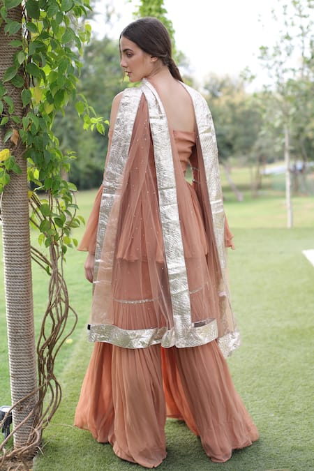 Buy_Swatee Singh_Pink Georgette Sequins Off-shoulder Sleeve Embroidered Top Sharara Set 