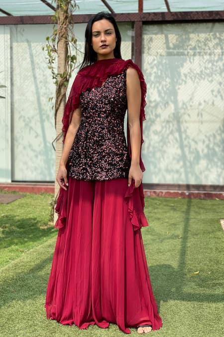 Swatee Singh Maroon Georgette Sequins V-neck Embroidered Top Sharara Set 