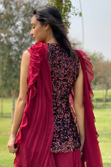Shop Swatee Singh Maroon Georgette Sequins V-neck Embroidered Top Sharara Set at Aza Fashions Shop_Swatee Singh_Maroon Georgette Sequins V-neck Embroidered Top Sharara Set _at_Aza_Fashions