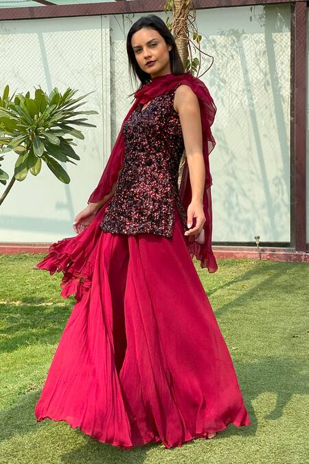Swatee Singh Maroon Georgette Sequins V-neck Embroidered Top Sharara Set Online at Aza Fashions Swatee Singh_Maroon Georgette Sequins V-neck Embroidered Top Sharara Set _Online_at_Aza_Fashions