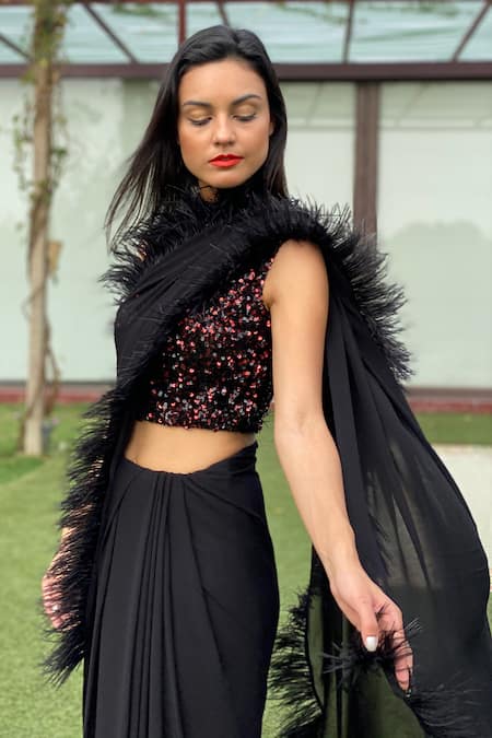 Swatee Singh_Black Georgette Sequins Halter Neck Saree With Embroidered Blouse _Online_at_Aza_Fashions