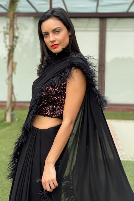 Buy_Swatee Singh_Black Georgette Sequins Halter Neck Saree With Embroidered Blouse _Online_at_Aza_Fashions
