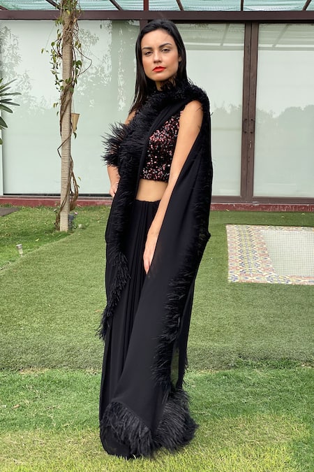 Shop_Swatee Singh_Black Georgette Sequins Halter Neck Saree With Embroidered Blouse _Online_at_Aza_Fashions