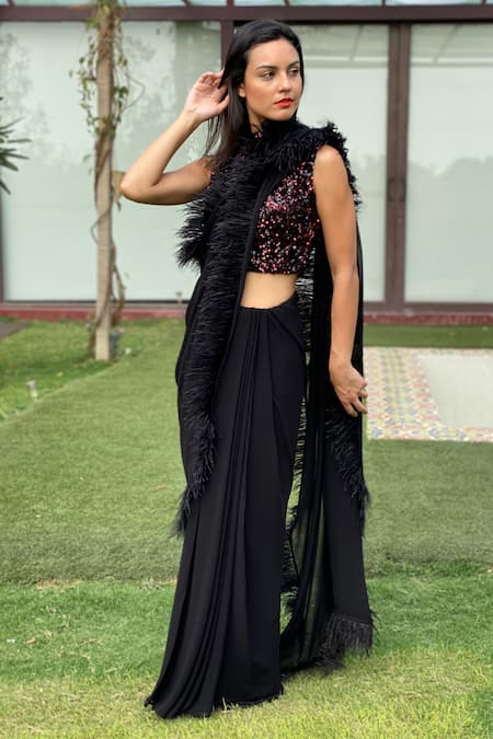Swatee Singh_Black Georgette Sequins Halter Neck Saree With Embroidered Blouse _at_Aza_Fashions