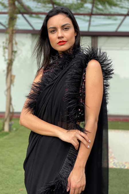 Buy_Swatee Singh_Black Georgette Sequins Halter Neck Saree With Embroidered Blouse 