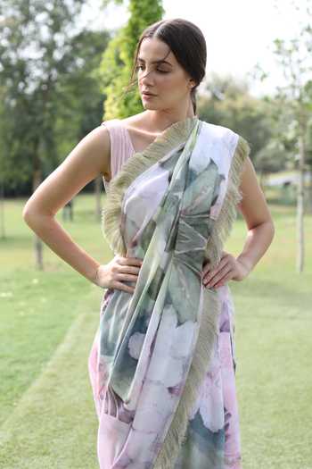 Swatee Singh_Multi Color Georgette Embroidery Round Neck Floral Print Saree With Blouse _Online_at_Aza_Fashions
