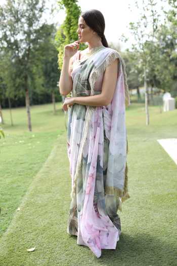 Buy_Swatee Singh_Multi Color Georgette Embroidery Round Neck Floral Print Saree With Blouse _Online_at_Aza_Fashions