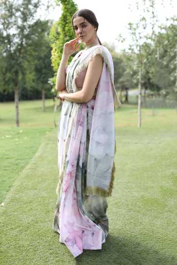 Shop_Swatee Singh_Multi Color Georgette Embroidery Round Neck Floral Print Saree With Blouse _Online_at_Aza_Fashions