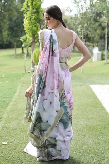 Buy_Swatee Singh_Multi Color Georgette Embroidery Round Neck Floral Print Saree With Blouse 