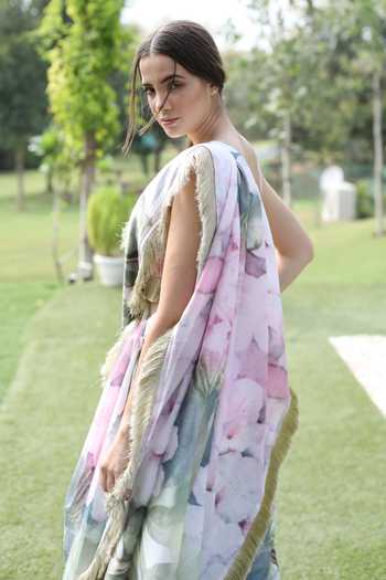 Shop Swatee Singh Multi Color Georgette Embroidery Round Neck Floral Print Saree With Blouse Shop_Swatee Singh_Multi Color Georgette Embroidery Round Neck Floral Print Saree With Blouse