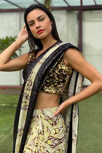 Swatee Singh_Black Crepe Sequins, Embroidery Round Neck Printed And Saree With Blouse _Online_at_Aza_Fashions