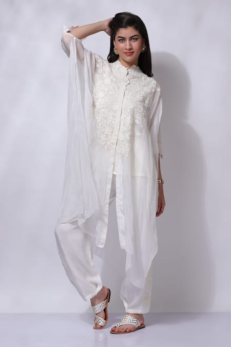 Sonali Gupta White 50% Silk Embroidered Aari Round Poncho Kurta Pant Set  