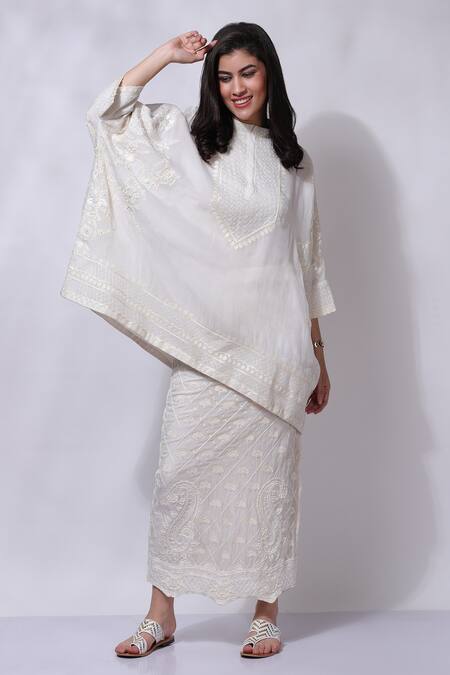 Buy_Sonali Gupta_White Silk Aari Embroidered Top And Skirt Set _Online_at_Aza_Fashions