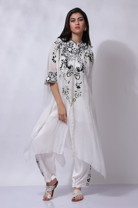 Shop_Sonali Gupta_White Silk Aari Embroidered Pocho Pant Set _Online_at_Aza_Fashions