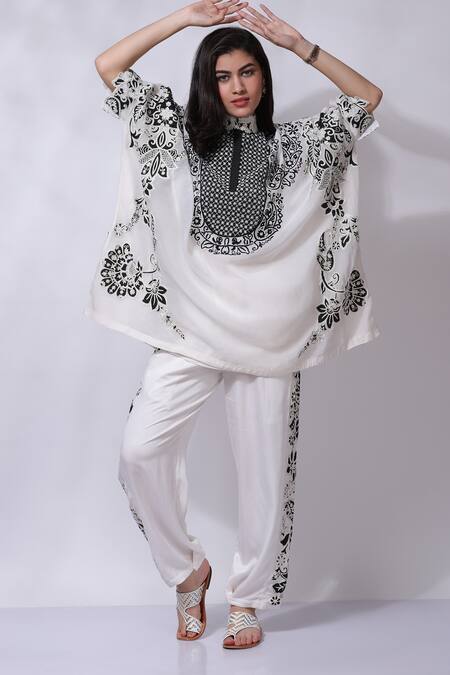 Shop_Sonali Gupta_White 50% Silk Embroidered Aari High Collar Patchwork Pocho And Pant Set  _Online_at_Aza_Fashions