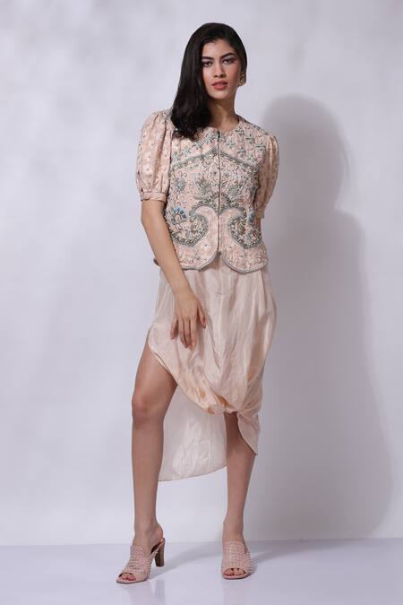 Sonali Gupta_Peach 100% Silk Embroidered Hand Asymmetric Dress With Blouse  _Online_at_Aza_Fashions