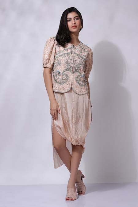 Buy_Sonali Gupta_Peach 100% Silk Embroidered Hand Asymmetric Dress With Blouse  _Online_at_Aza_Fashions